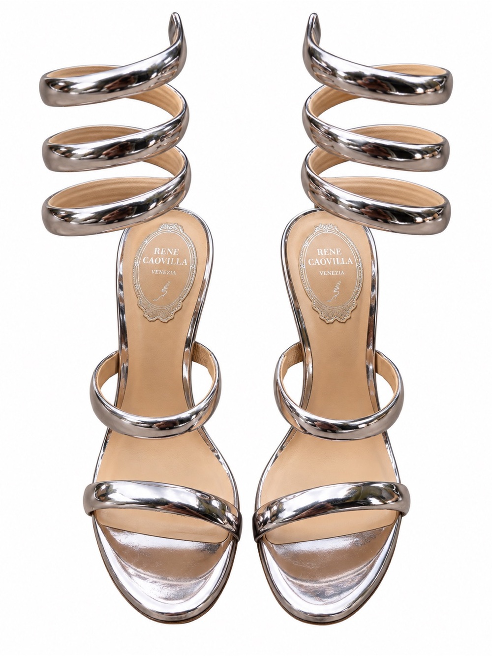 Rene Caovilla Metallic Rose Gold Spiral Ankle Wrap Stiletto Sandals 38